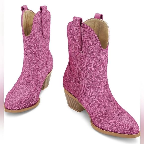 📷🩵NIB Hot Pink Rhinestone Block Heel Ankle Booties Size 8 - Picture 2 of 2